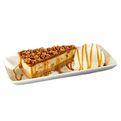 Biscoff cheesecake with salted caramel sauce and vanilla ice cream, So Scoffable at Pizza Hut Buffet."