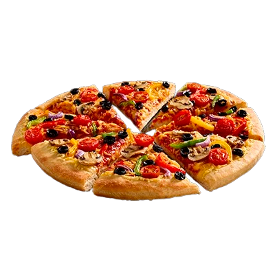 Veggie Supreme pizza with peppers, onions, mushrooms, tomatoes, and olives.