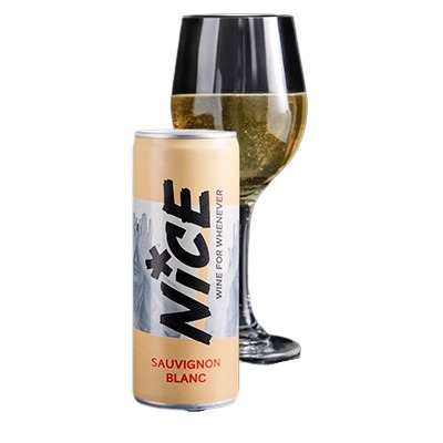 Mini can of Sauvignon Blanc white wine, 187ml, served at Pizza Hut Buffet.