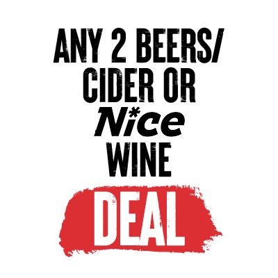 Pizza Hut UK drinks – Any 2 Beers, Ciders or NICE Wines, ABV 0.0%, 630ml bottle offer 2025.