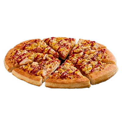 BBQ Americano pizza with chicken, bacon, sweetcorn, and BBQ drizzle.