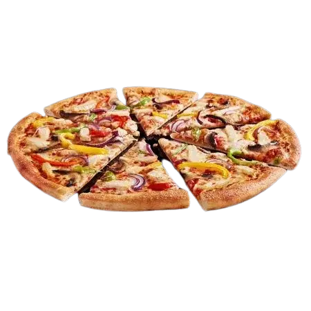 Chicken Supreme pizza with chicken, peppers, mushrooms, and red onions.
