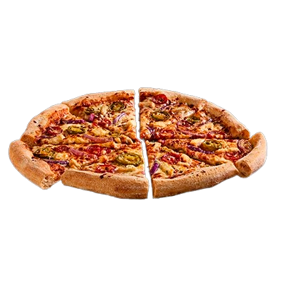 Chicken Sizzler Pizza topped with mozzarella, chicken, red onions, jalapeños, and chilli peppers at Pizza Hut Buffet, 1100 kcal.