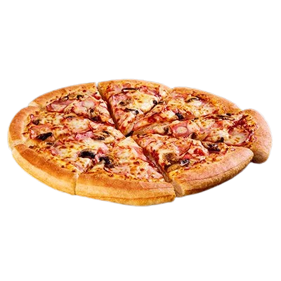 Farmhouse pizza with ham, mushrooms, and mozzarella.