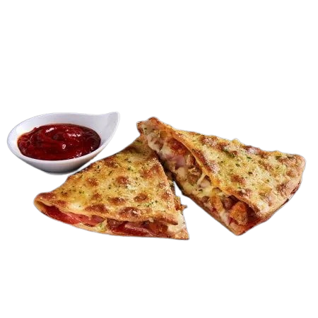 Meat Feast Melt with mozzarella, pepperoni, ham, spicy pork, and beef, served with fries and marinara dip.