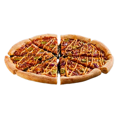 Beef Burger Pizza with beef, onions, gherkins, triple cheese, and burger sauce drizzle.