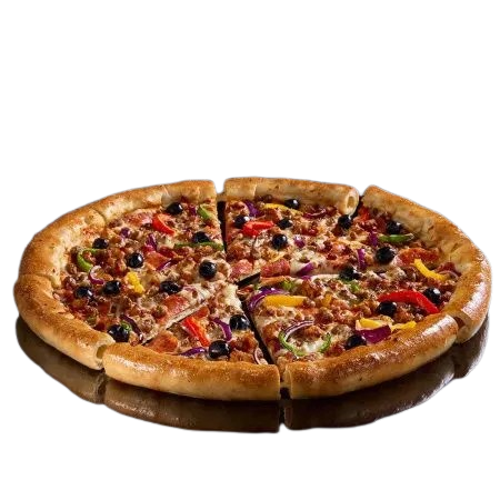 Chicken Supreme pizza with chicken, peppers, mushrooms, and red onions.