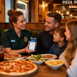 NHS worker showing phone offer for Pizza Hut Blue Light Card discount.