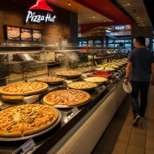 Customer walking along food bar showing Pizza Hut Buffet refills options.