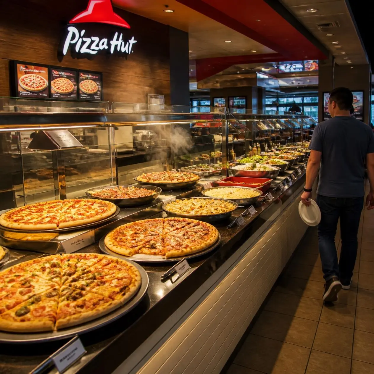 Customer walking along food bar showing Pizza Hut Buffet refills options.