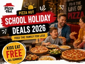Family enjoying meal for Pizza Hut School Holiday Deals promo.