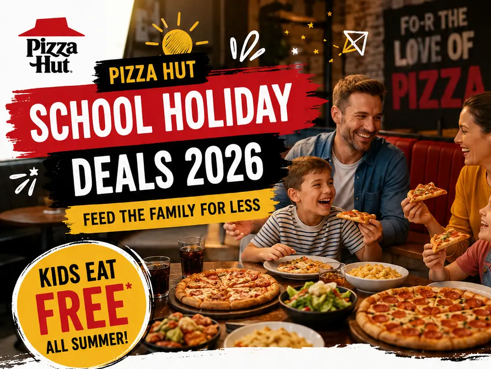 Family enjoying meal for Pizza Hut School Holiday Deals promo.
