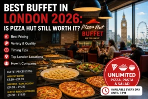 Pizza Hut buffet setup with Big Ben view showcasing the Best Buffet in London deals.