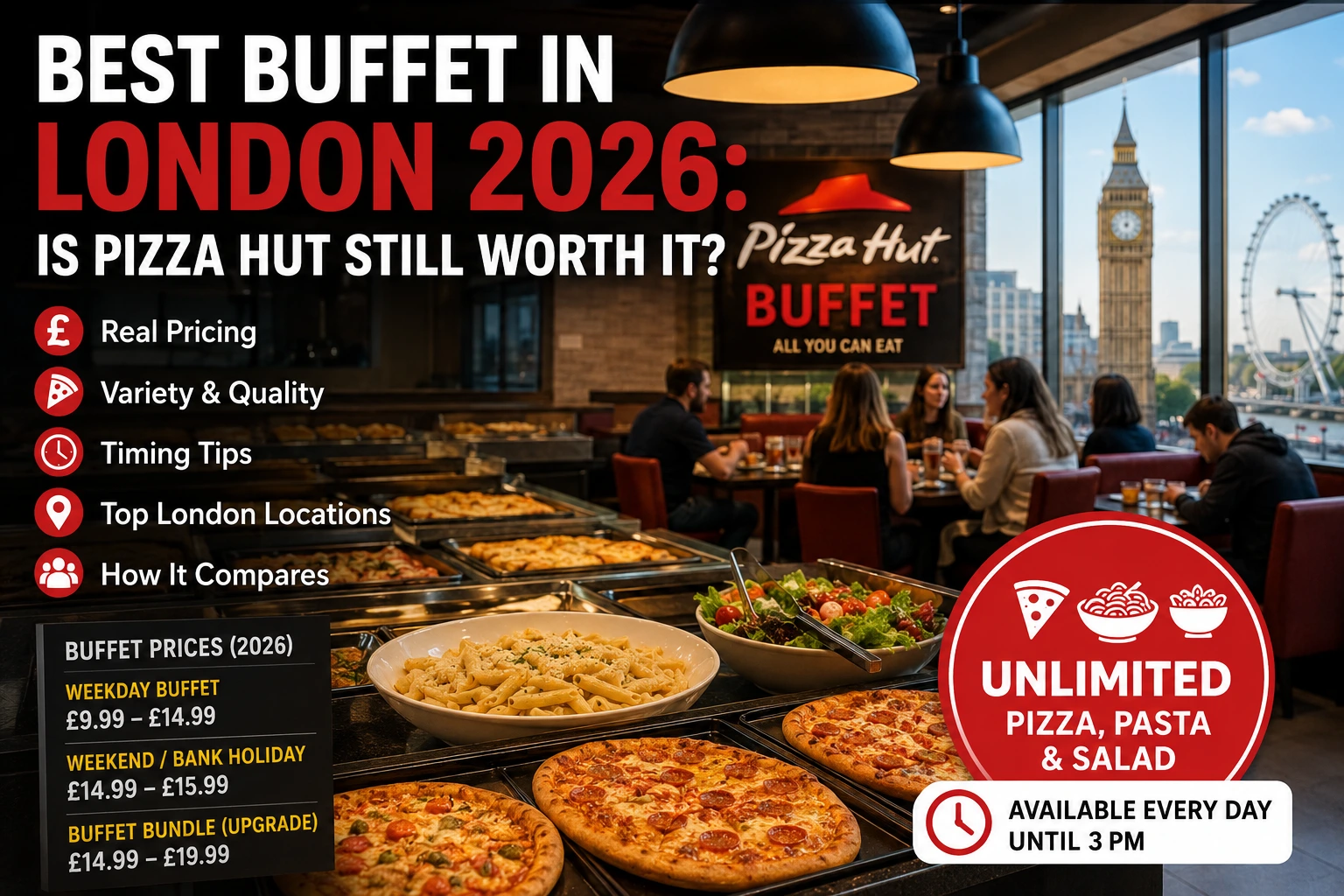 Pizza Hut buffet setup with Big Ben view showcasing the Best Buffet in London deals.