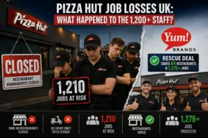 News infographic detailing store closures, saved sites, and Pizza Hut Job Losses UK.