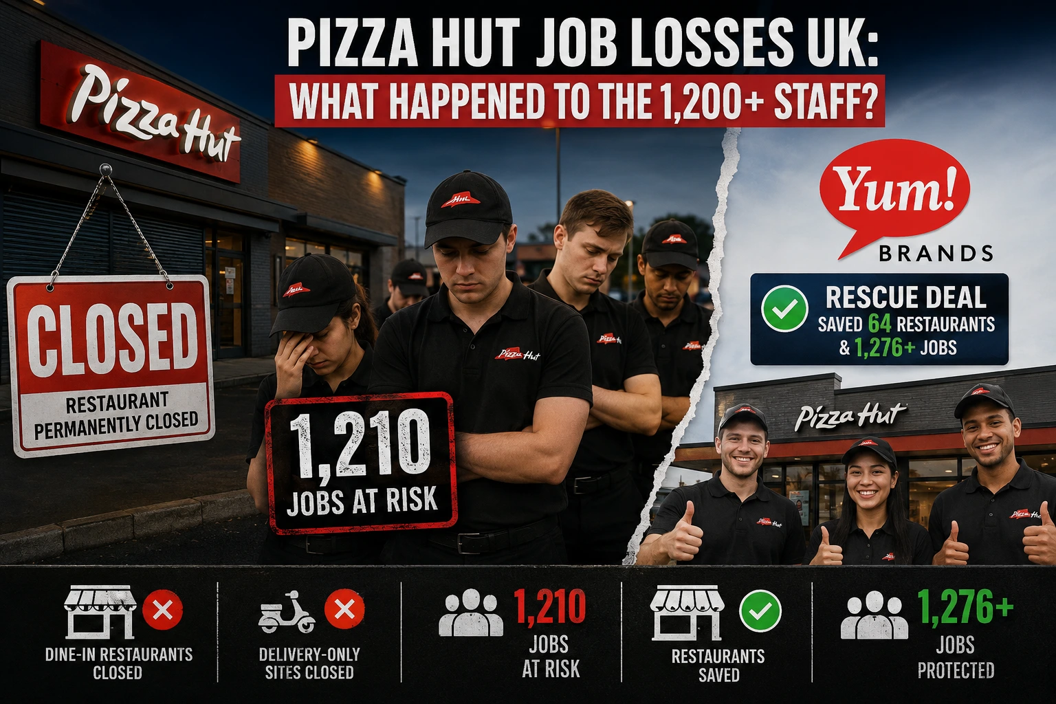 News infographic detailing store closures, saved sites, and Pizza Hut Job Losses UK.