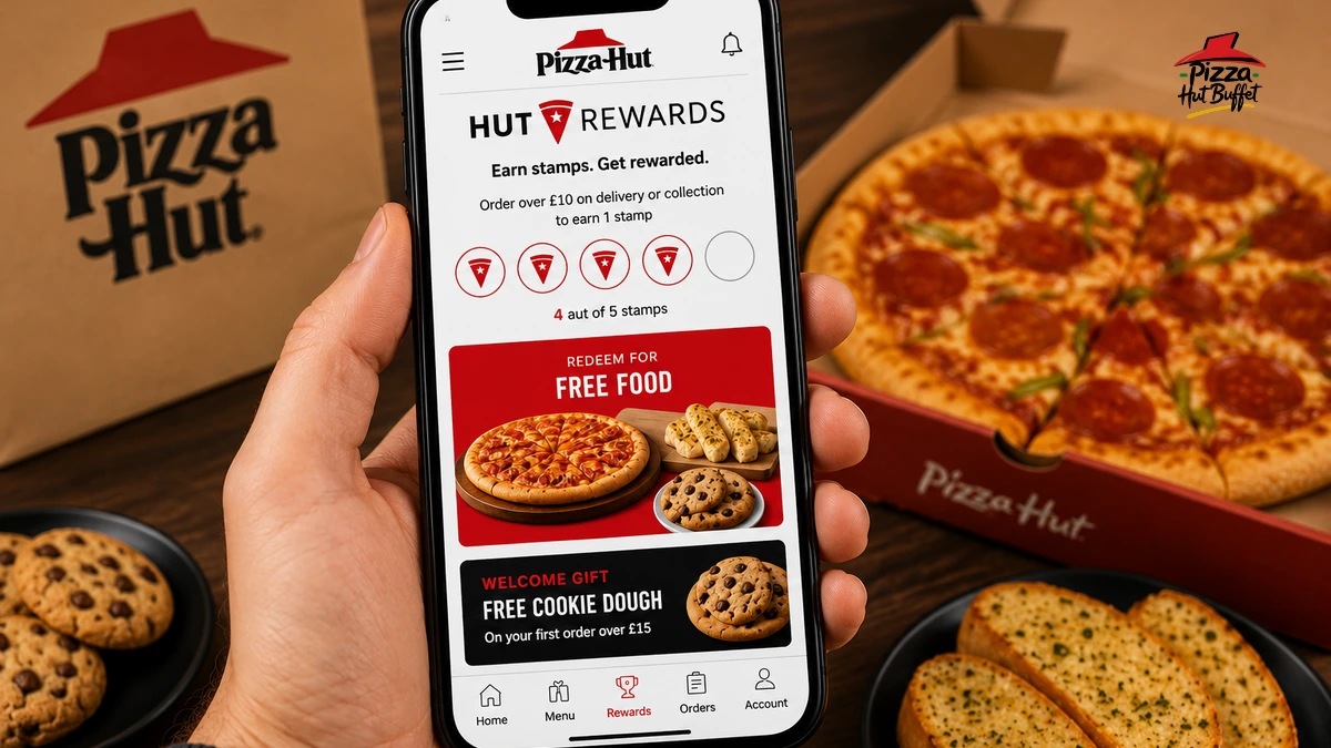 Smartphone showing Hut Rewards app screen with pizza box: Pizza Hut Rewards guide.