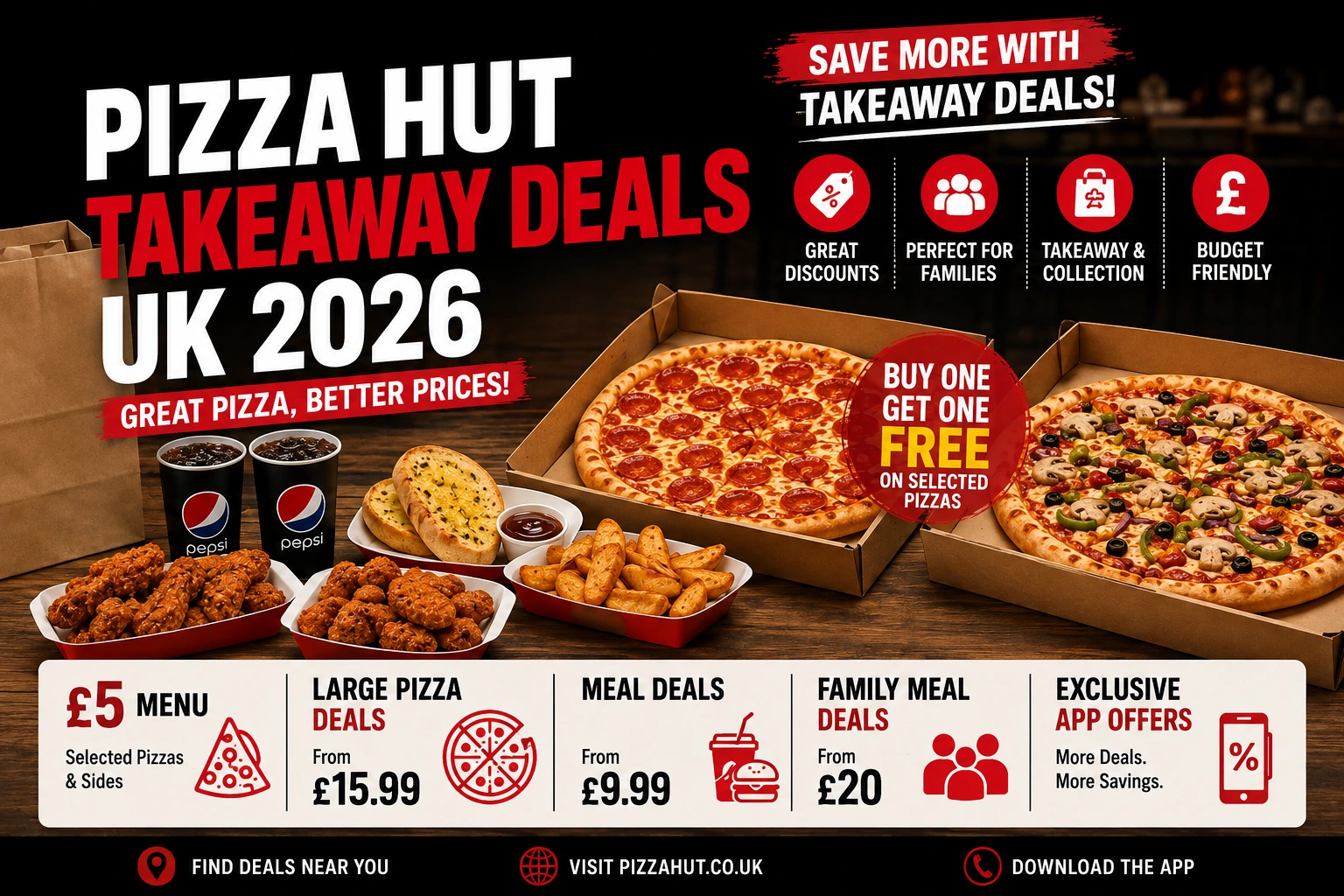 Promotional banner showcasing special meal offers for Pizza Hut Takeaway Deals UK.